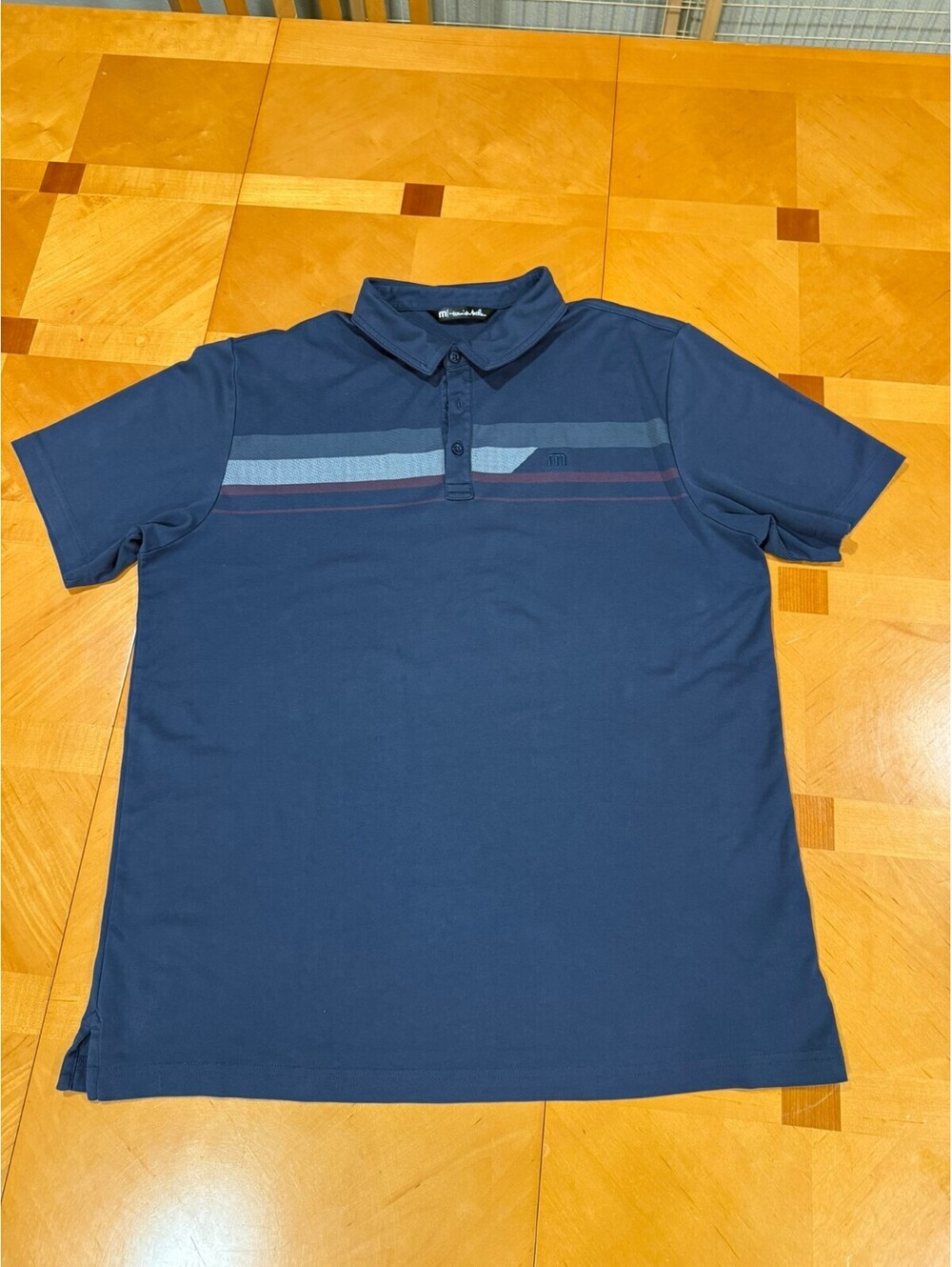 TravisMathew Golf Polo Shirt Men XL Navy Blue Chest Stripe Pima Cotton Blend